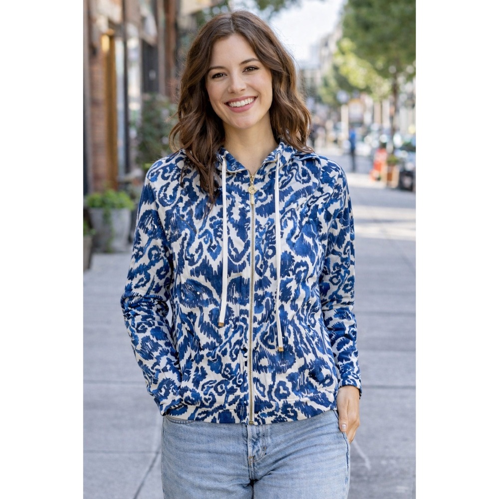 Lilly Pulitzer Women's Angela Resort Full Zip Hoodie French Terry Blue White S